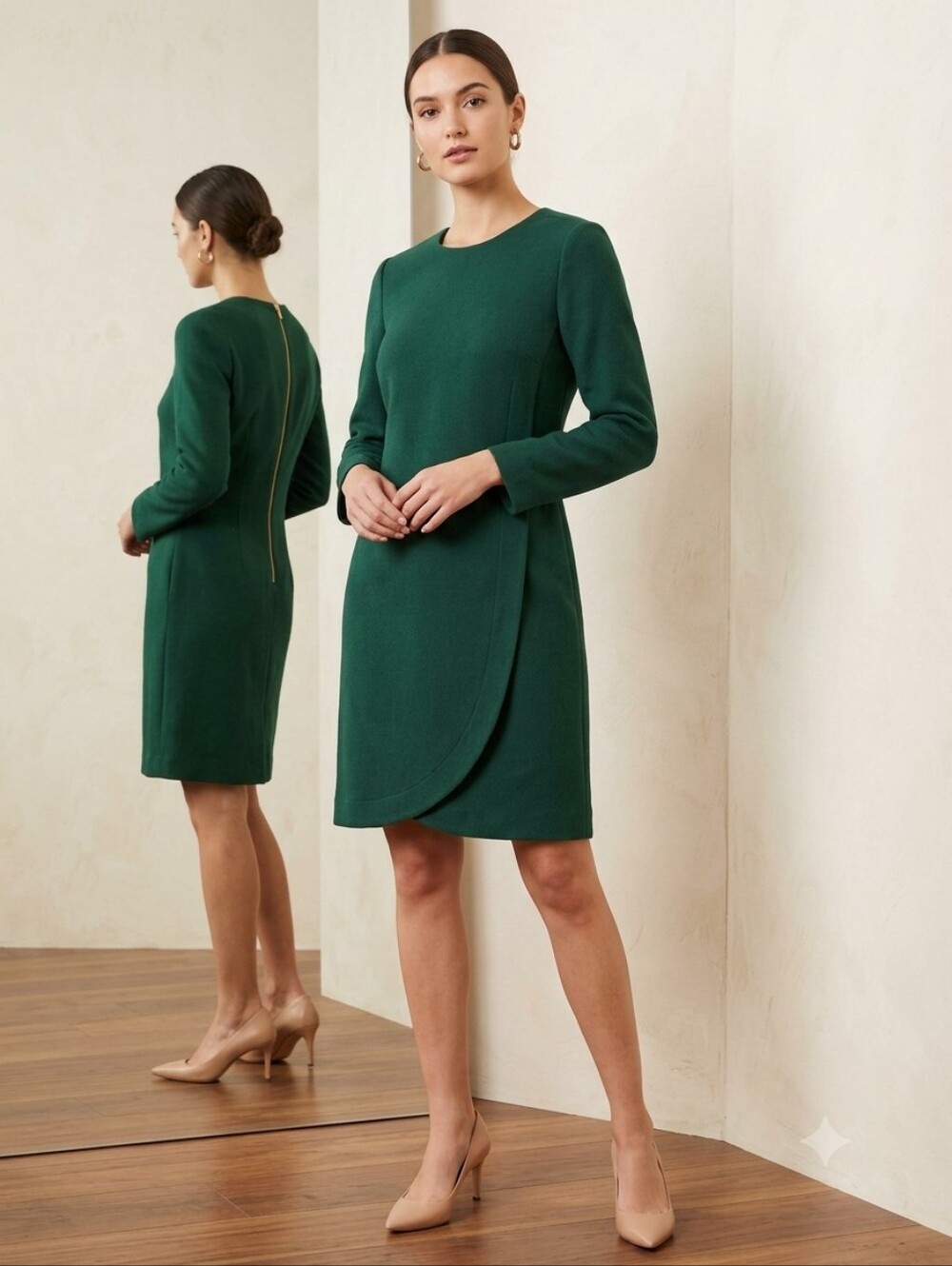 J Crew Emerald Forest Green Crepe Faux Wrap Sheath Dress Gold Zip Career Size 6